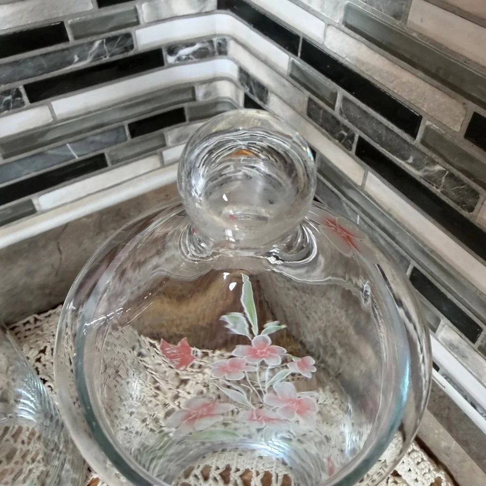 Vtg Crystal Clear Industries Glass Apothecary Jars Set 2 Hand Painted Floral 11